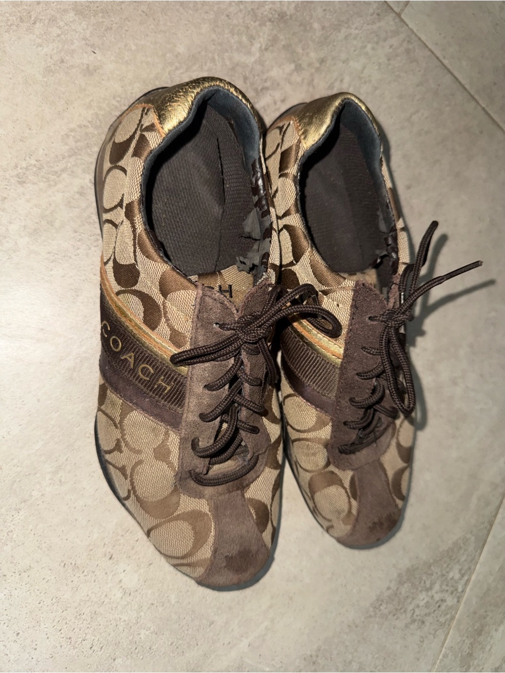 Coach Kids Brown Signature Logo Sneakers with Metallic Gold Trim